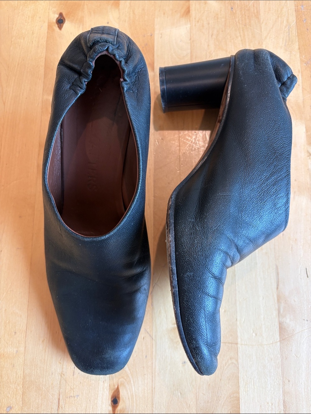 Gray Matters Black Leather Ruched Block Heel Pumps